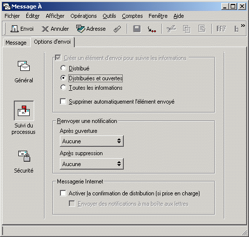 Vue Message affichant les options de suivi de l'�tat