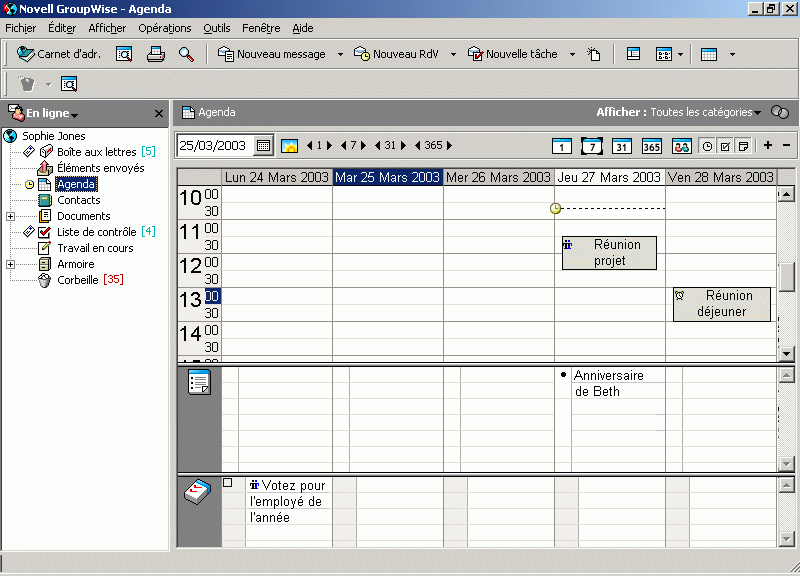 Vue Agenda avec une liste de notes ouverte