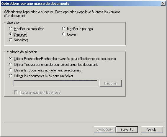 Bote de dialogue Oprations sur une masse de documents