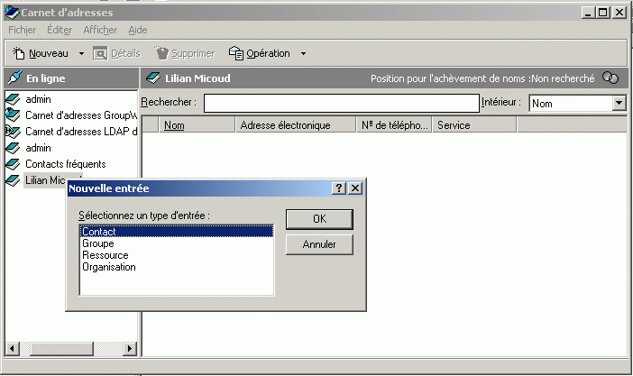 Carnet d'adresses et bote de dialogue Nouvelle entre, tous deux ouverts