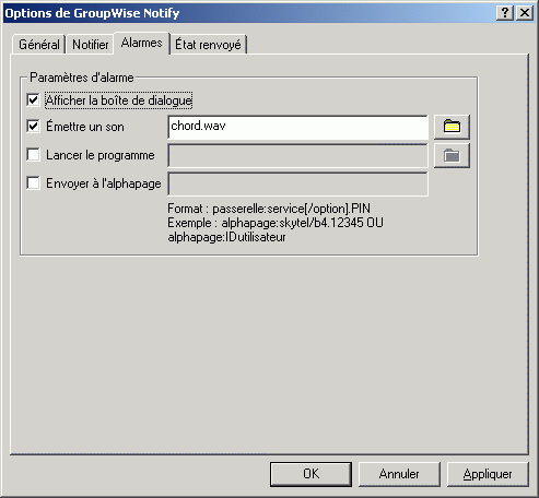 Bote de dialogue Options de notification ouverte sur l'onglet Alarmes
