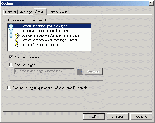 Bote de dialogue Options affichant l'onglet Alertes