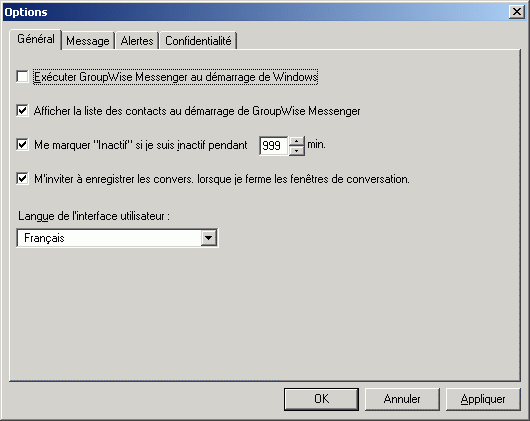Bote de dialogue Options affichant l'onglet Gnral