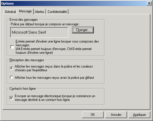 Bote de dialogue Options affichant l'onglet Message