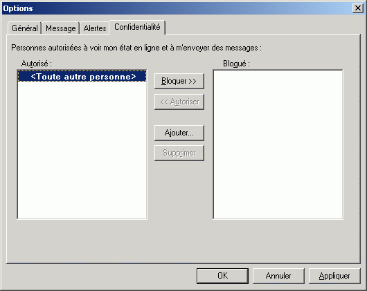 Bote de dialogue Options affichant l'onglet Confidentialit