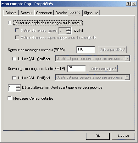 Bote de dialogue Proprits des messages et des news ouverte sur l'onglet Avanc