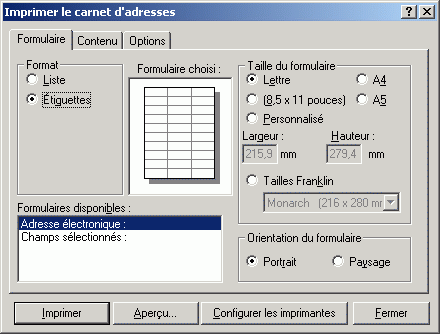 Boîte de dialogue Imprimer le carnet d'adresses