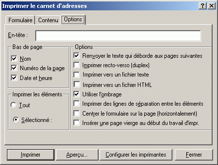 Boîte de dialogue Imprimer le carnet d'adresses ouverte sur l'onglet Options