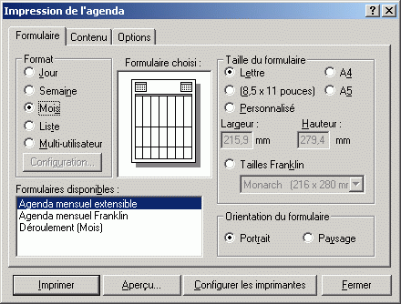 Bote de dialogue Imprimer l'agenda
