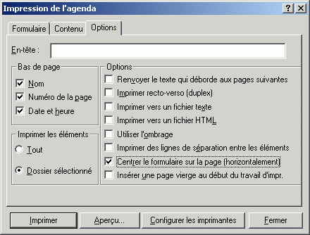 Bote de dialogue Imprimer l'agenda ouverte sur l'onglet Options