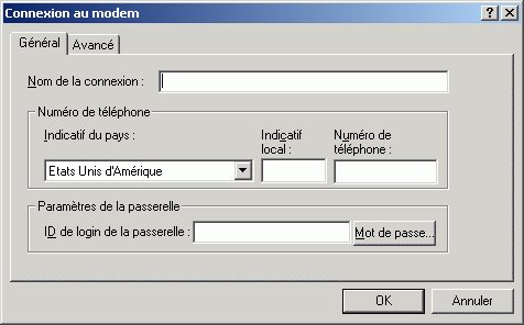 Bote de dialogue Connexion au modem ouverte sur l'onglet Gnral