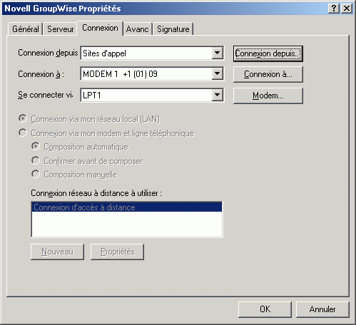 Bote de dialogue des proprits de GroupWise ouverte sur l'onglet Connexion