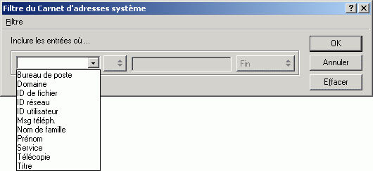 Bote de dialogue Filtre du Carnet d'adresses systme