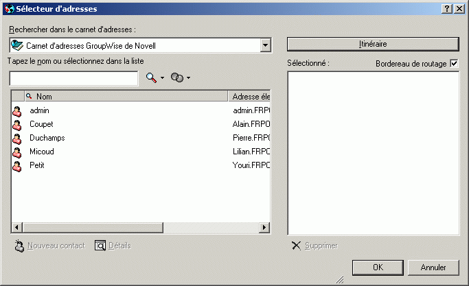 Slecteur d'adresses affichant une liste de bordereau de routage