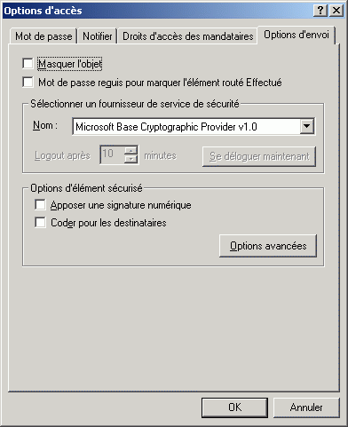Bote de dialogue Scurit ouverte sur l'onglet Options d'envoi