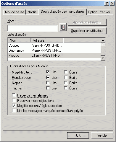 Bote de dialogue Options d'accs ouverte sur l'onglet Droits d'accs des mandataires