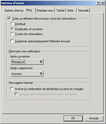 Boîte de dialogue Options d'envoi ouverte sur l'onglet Message
