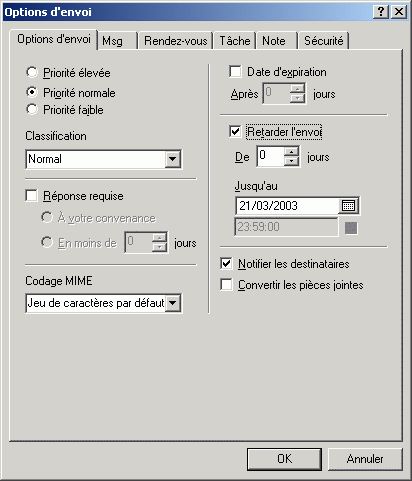 Boîte de dialogue Options d'envoi
