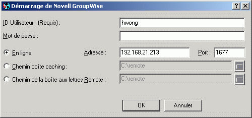 Bote de dialogue Dmarrage de Novell GroupWise