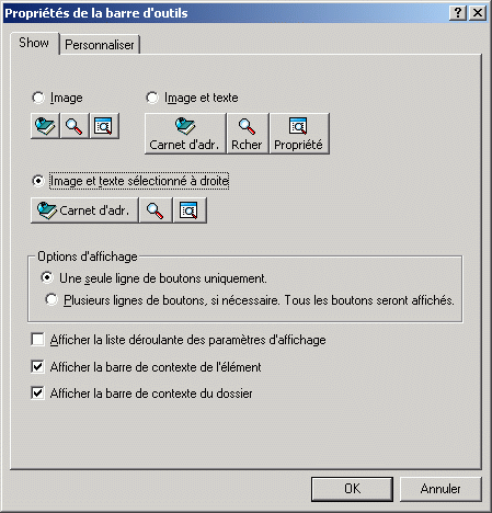 Bote de dialogue Proprits de la barre d'outils