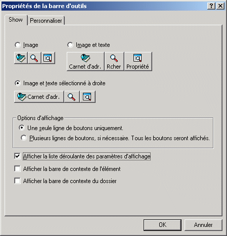 Bote de dialogue Proprits de la barre d'outils ouverte sur l'onglet Afficher