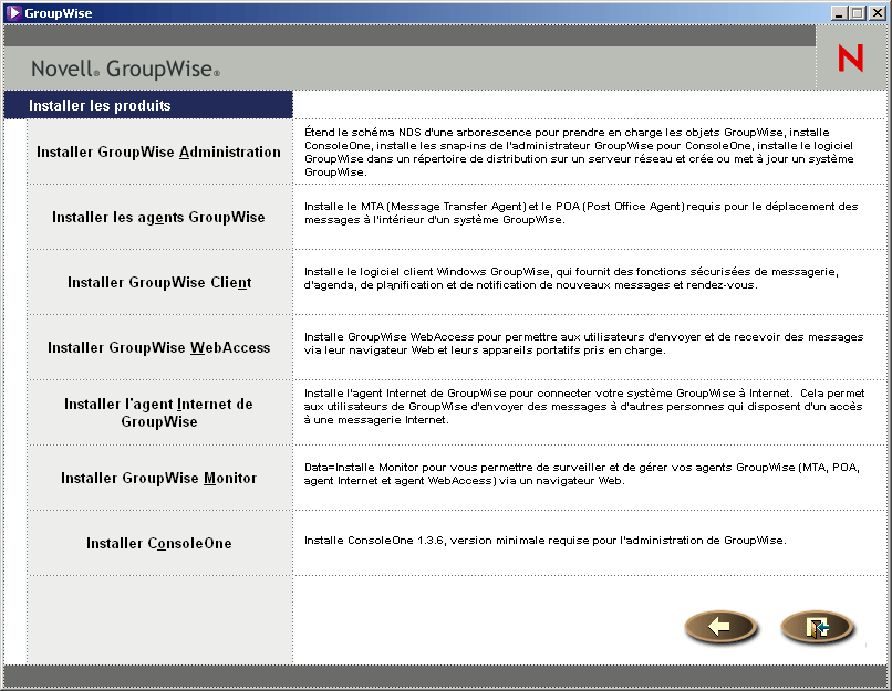 Page principale du programme d’installation de GroupWise