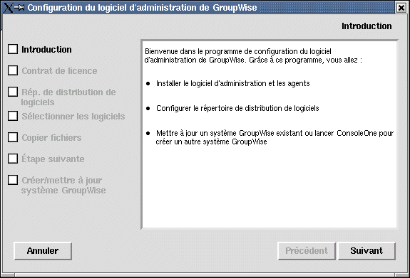 Page d’introduction de l’assistant d’installation de GroupWise sous Linux
