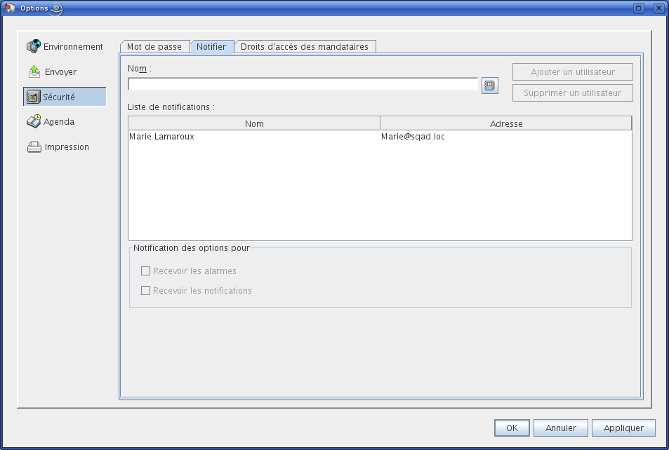 Boîte de dialogue Options d'accès avec l'onglet Notify