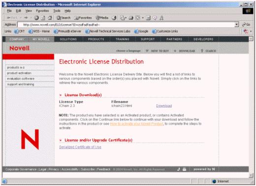 Page de distribution de licence électronique