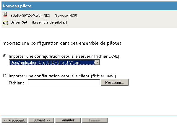 Importer un fichier de configuration de pilote