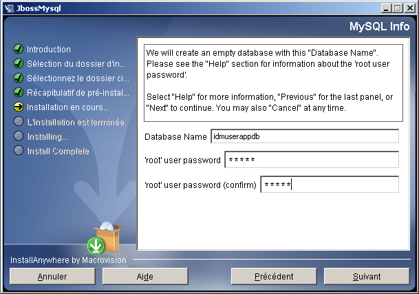 Indiquer le mot de passe de l'utilisateur root