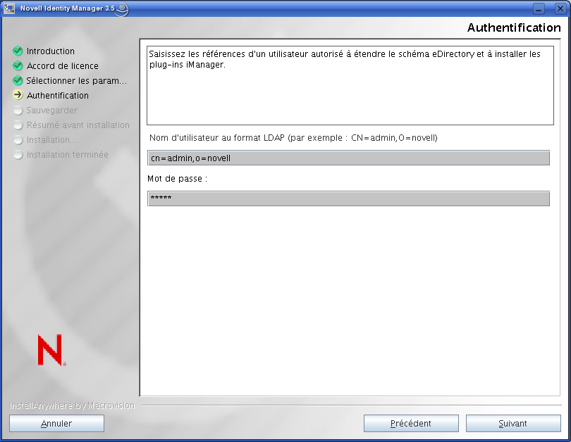 Indiquer le mot de passe et le nom utilisateur au format LDAP