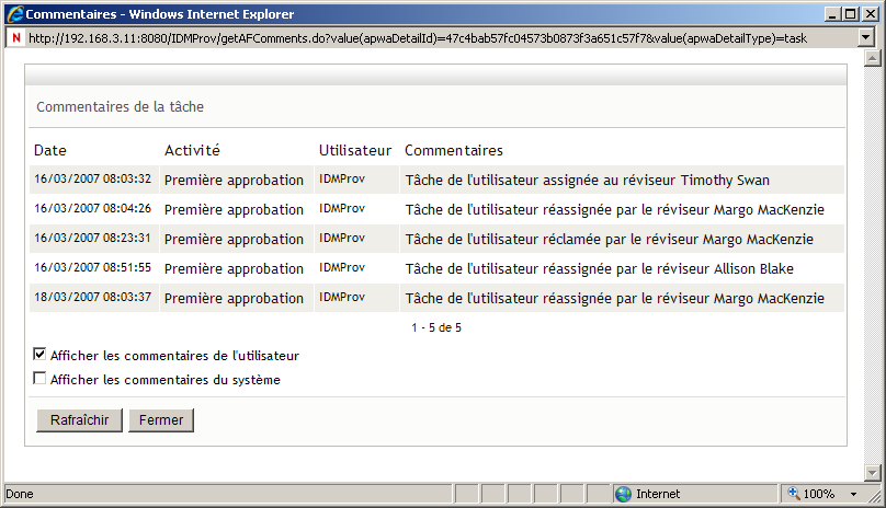 Case à cocher Afficher les commentaires de l'utilisateur 