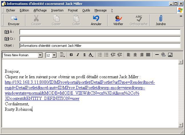 Envoi par message électronique d'un lien vers les informations de profil