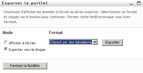 Le portlet Exporter demande un format d'exportation.
