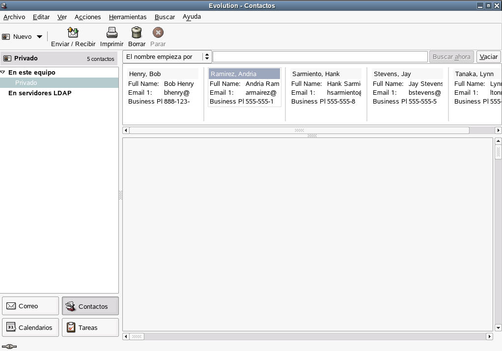 Ventana de la lista de contactos de Evolution