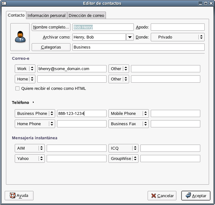 Editor de contactos de Evolution