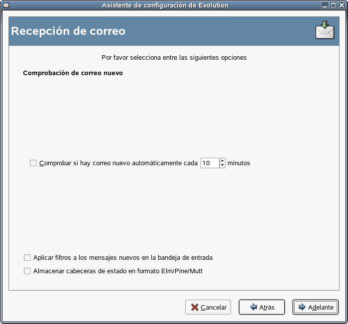 Opciones de recepcin de Cola o directorio de Mbox de Unix estndar