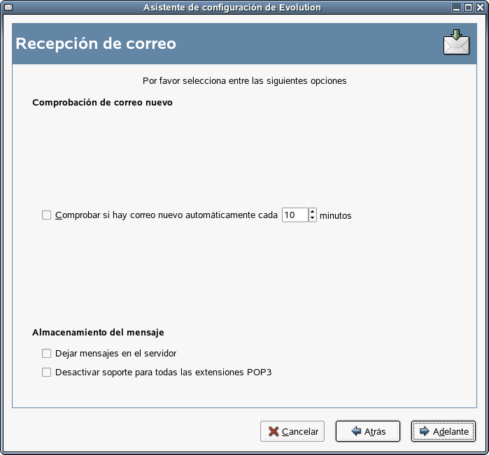 Opciones de recepcin de POP