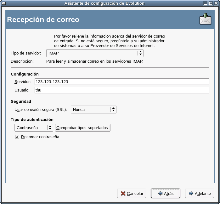 Seccin Recepcin de correo del Asistente de configuracin de Evolution