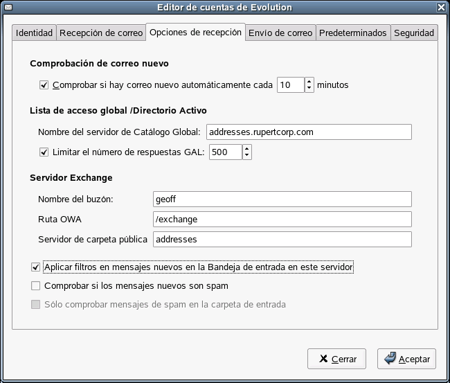 Creacin de una cuenta de Exchange, tercer paso: Opciones de correo