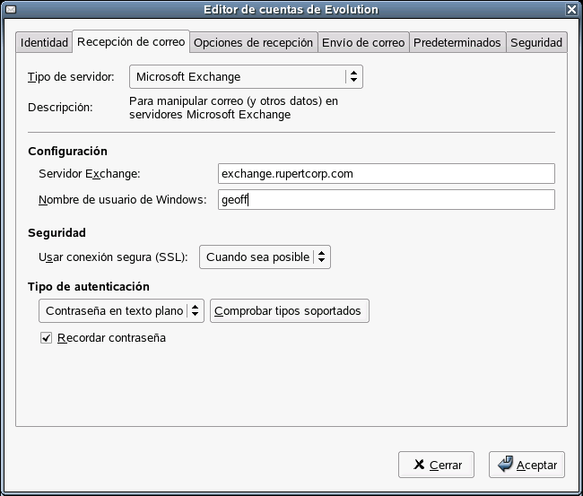 Creacin de una cuenta de Exchange, segundo paso: Recepcin de correo