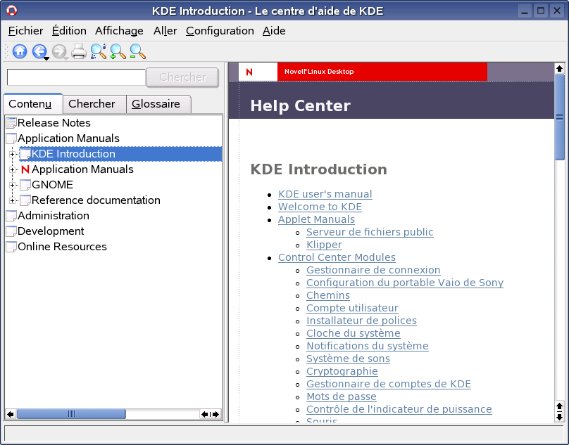 Fentre principale du centre d'aide