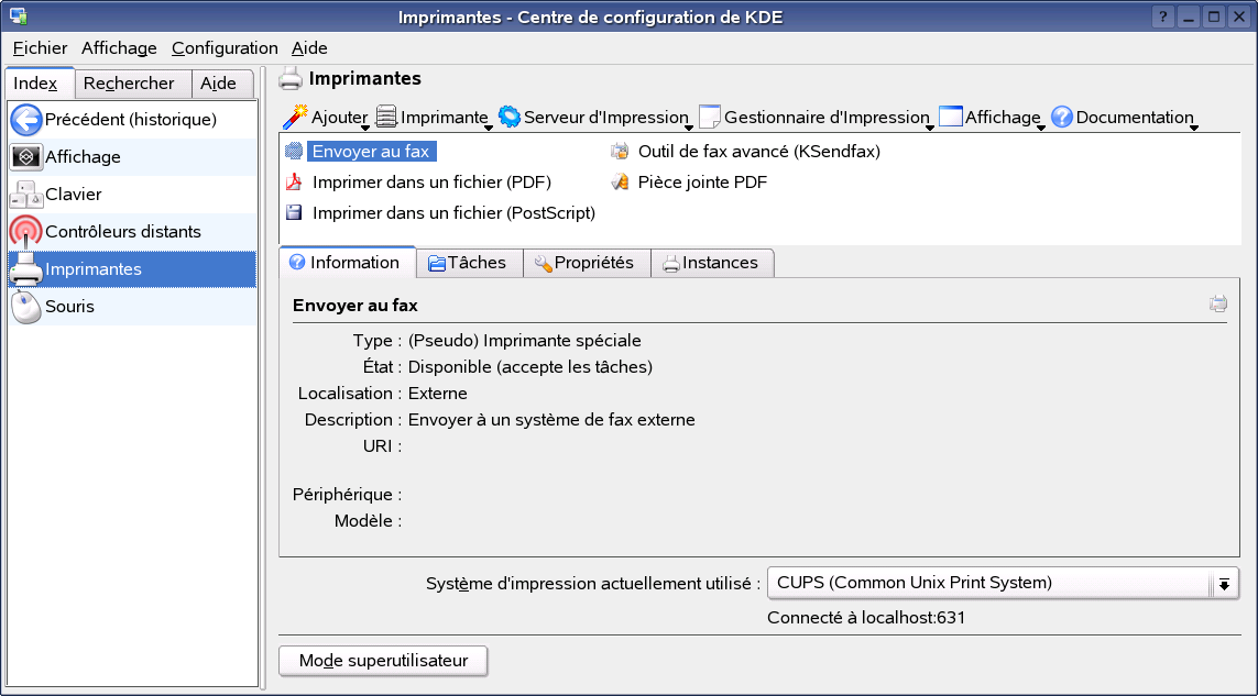 Comparaison du dossier Imprimantes et tlcopieurs de Windows avec la vue Imprimantes de Novell Linux Desktop