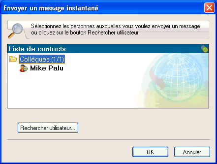 Bo�te de dialogue Envoyer un message instantan� affichant le bouton Rechercher utilisateur