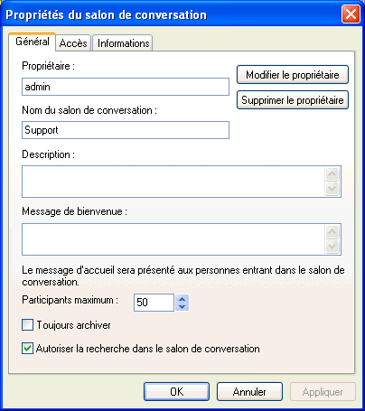 Bo�te de dialogue Cr�er un salon de conversation