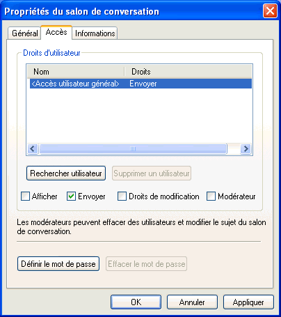 Page Propri�t�s du salon de conversation