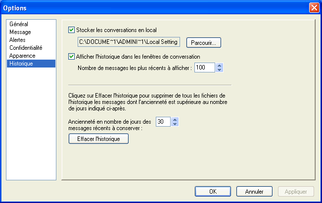 Bo�te de dialogue Options affichant la page Historique