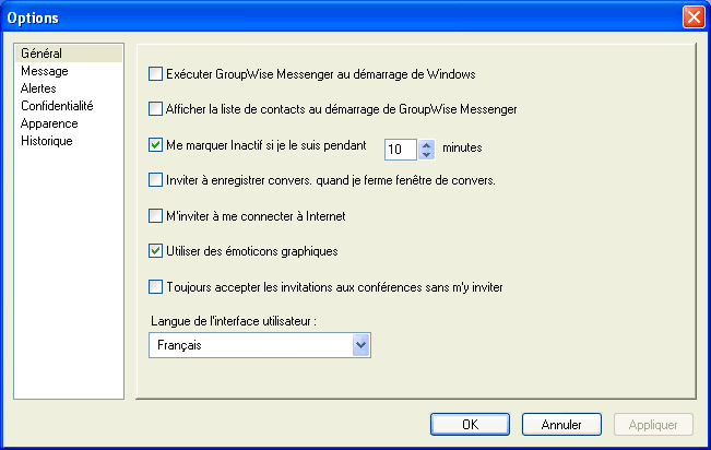 Bo�te de dialogue Options affichant la page G�n�ral