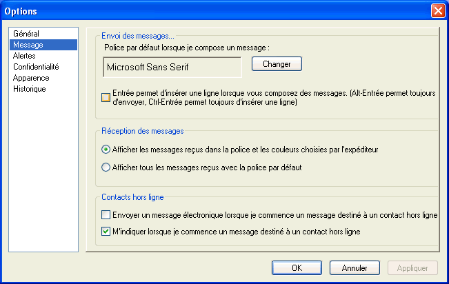 Bo�te de dialogue Options affichant la page Message